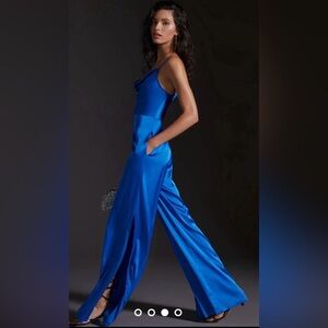 Hutch Anthropologie Satin Cowl Neck Wide Leg Jumpsuit Sapphire NWT 10